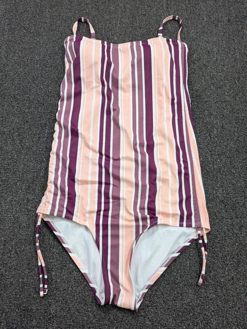Kona Sol Womens Purple & Pink Striped Side Cinch One Piece Bathing Suit Size Med